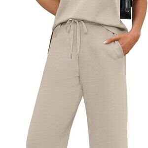 Beige Women's Summer Two Piece Set with Cap Sleeves, Wide Leg Pants, S-3XL, Ligh